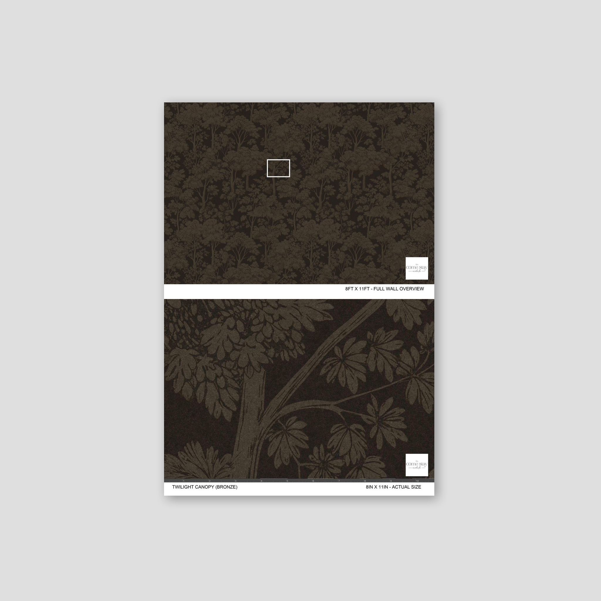Twilight Canopy Bronze wallpaper with tree silhouettes in earthy browns and bronze highlights.