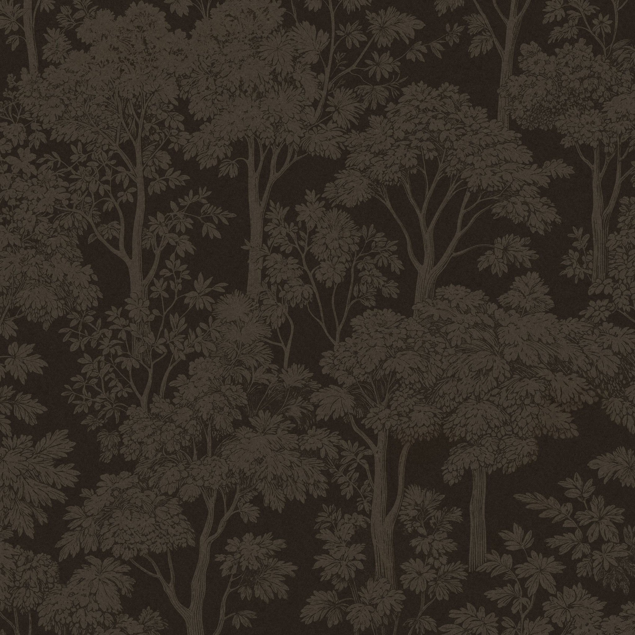 Twilight Canopy wallpaper with bronze tree silhouettes on dark background.