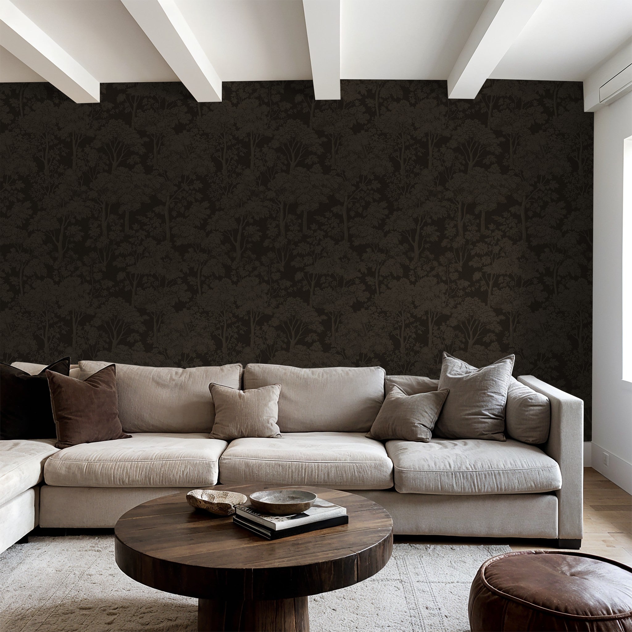 Twilight Canopy bronze tree wallpaper in cozy living room with beige sofa.