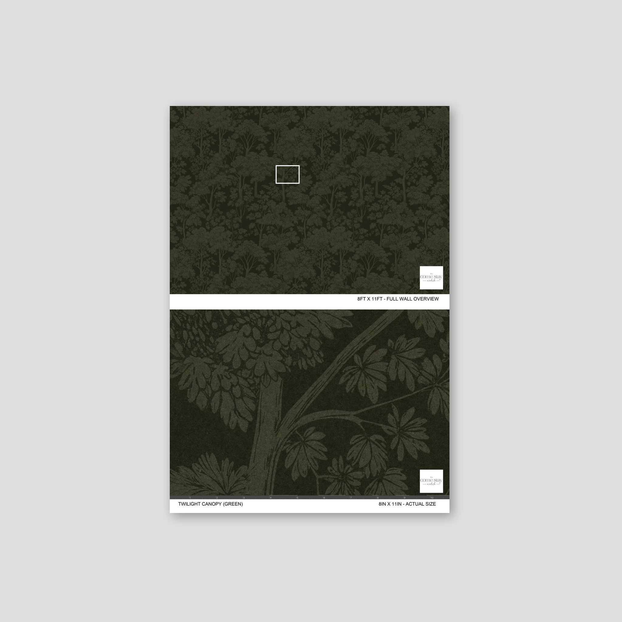 Twilight Canopy green wallpaper with intricate foliage on a dark background.