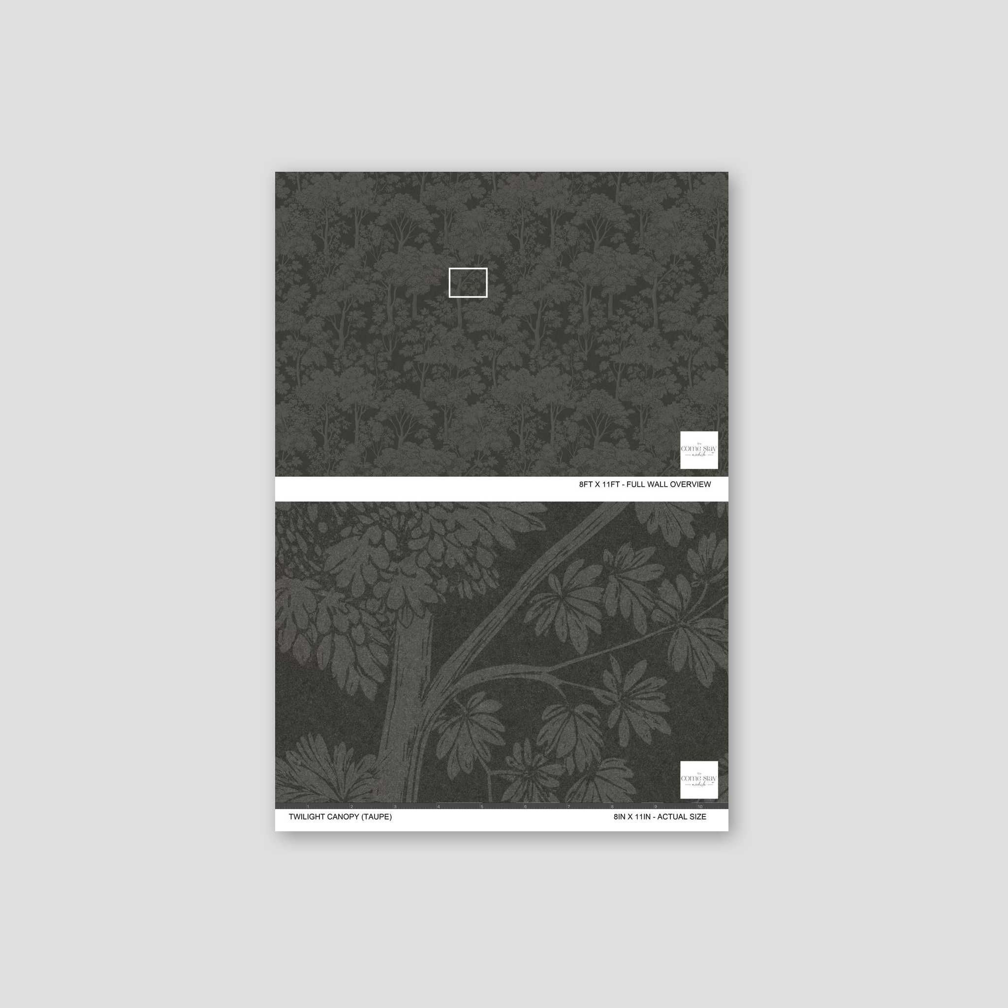 Twilight Canopy taupe wallpaper with intricate tree silhouettes on a dark background.