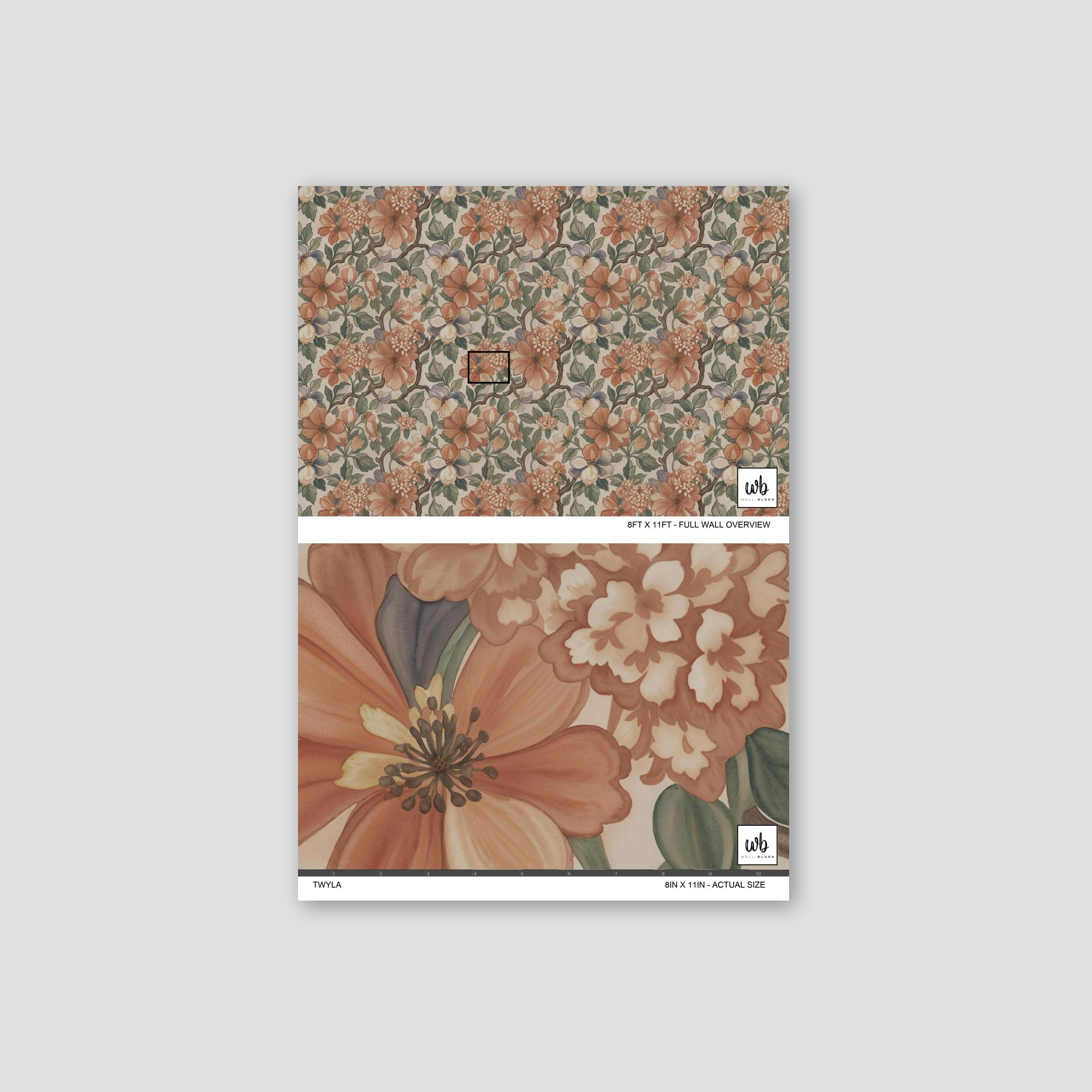 Twyla floral wallpaper with terracotta and peach hues, intricate petals and leaves.