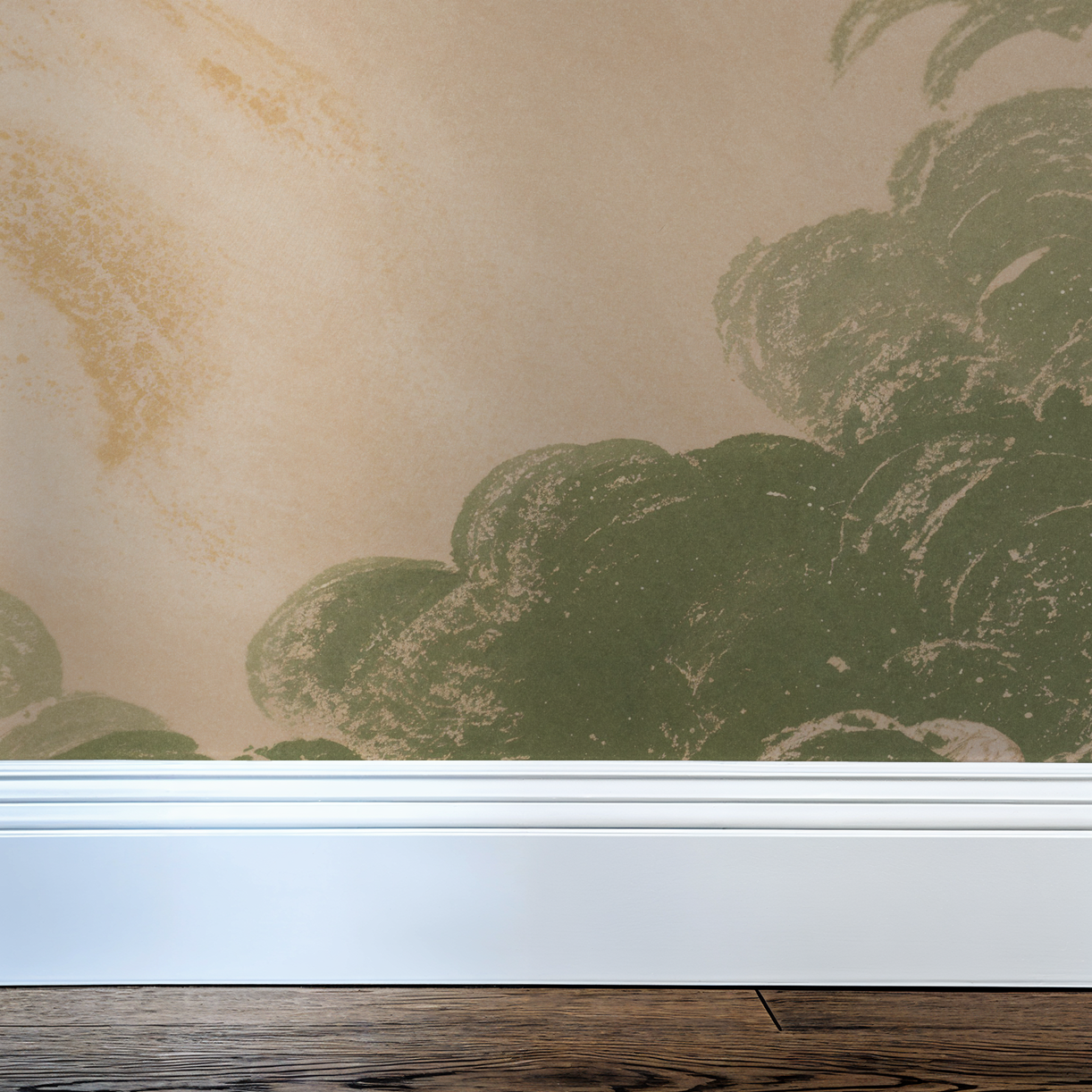 Unkai wallpaper with green cloud pattern on cream background above white baseboard
