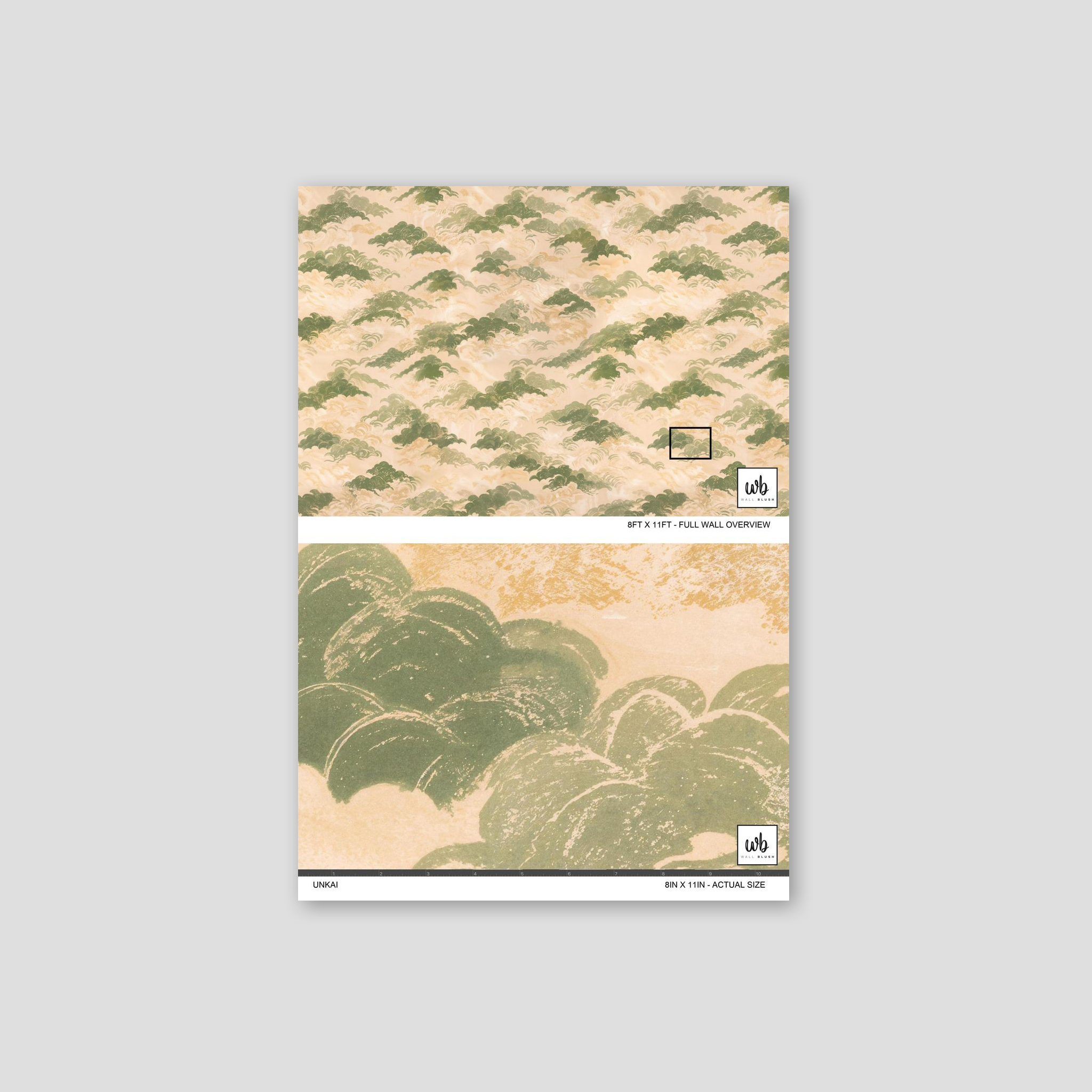 Unkai wallpaper with green and cream cloud patterns, evoking a serene, nature-inspired ambiance.