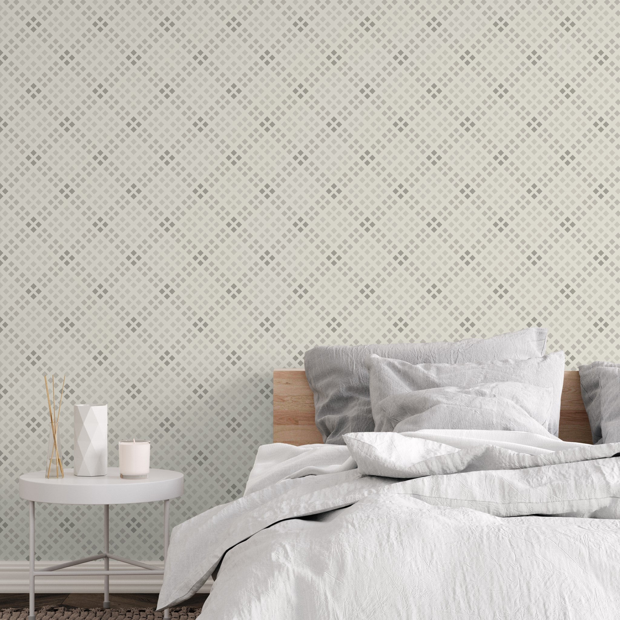 "Elegant York Wallpaper by Wall Blush in a cozy bedroom setting, showcasing modern patterned design as focal point."