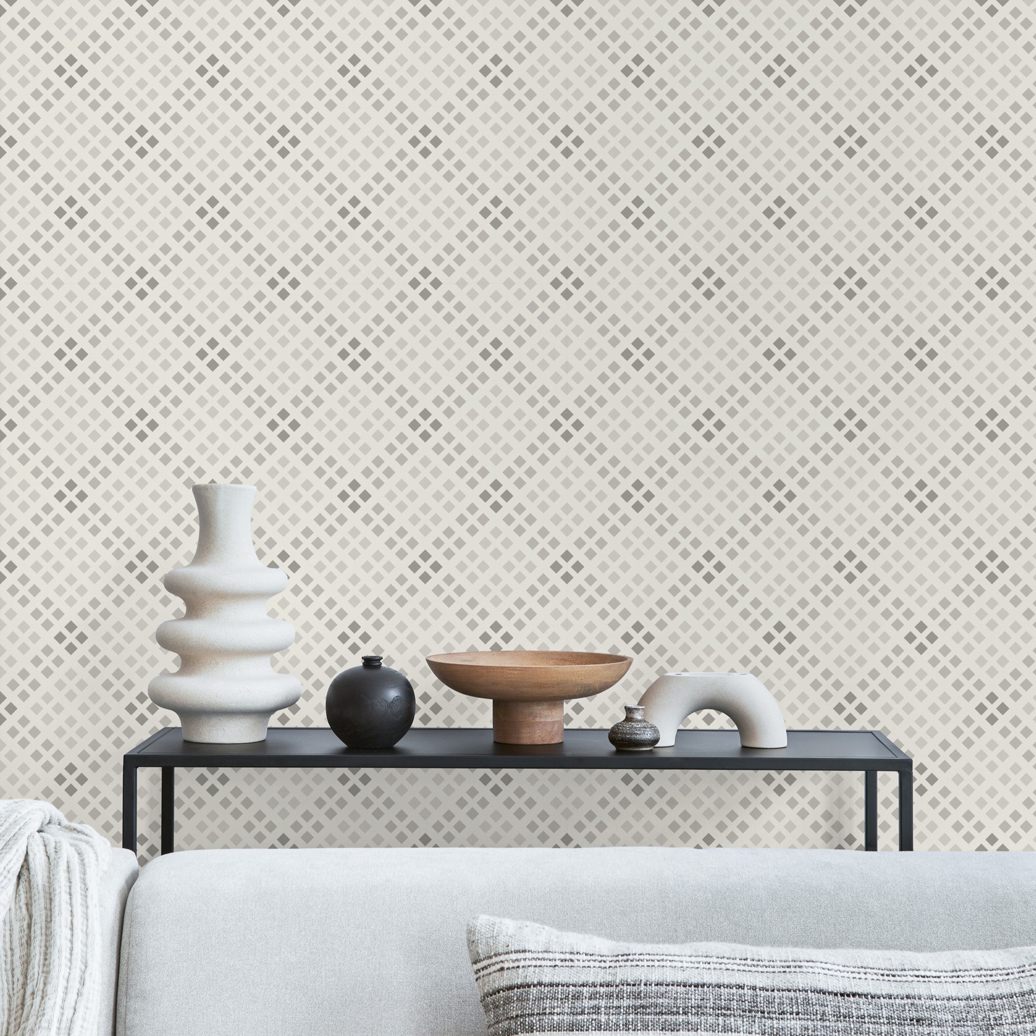 "York Wallpaper by Wall Blush in a modern living room, accenting the space with subtle geometric patterns."