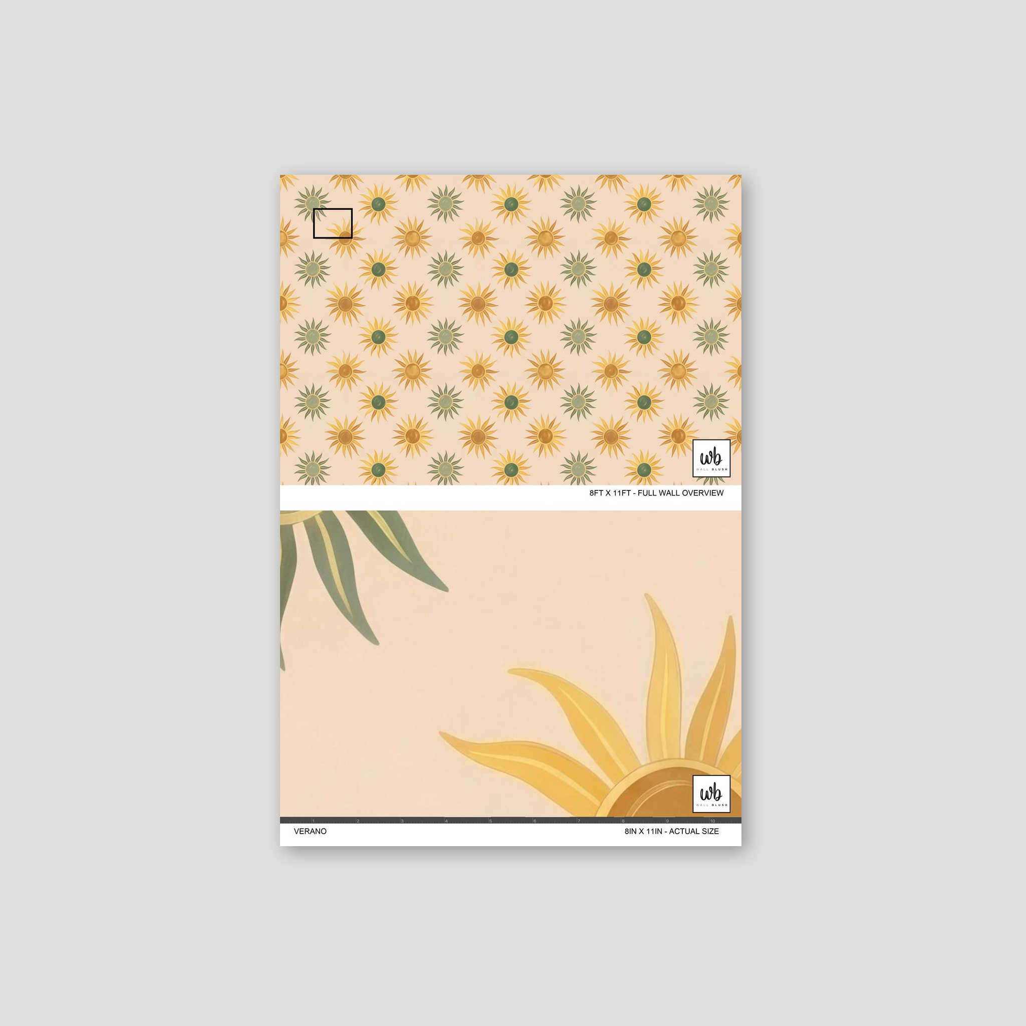 Verano wallpaper with stylized suns in golden yellows and greens on a neutral background.