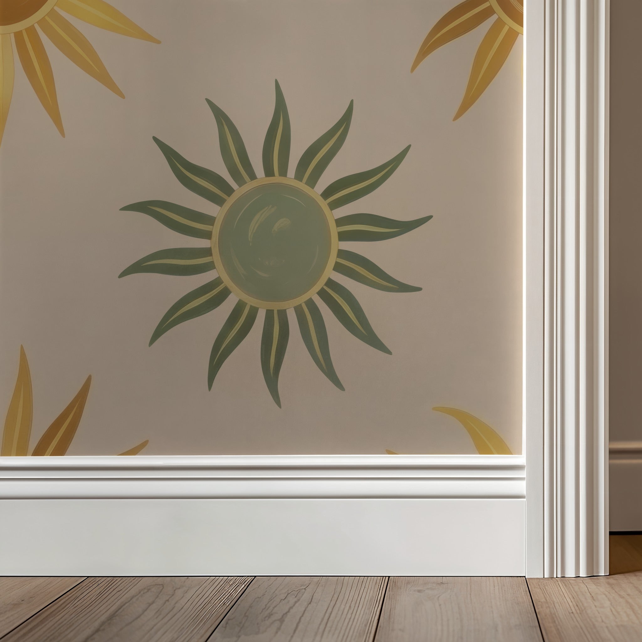 Verano wallpaper with stylized sun motifs in golden yellow and green on neutral background.