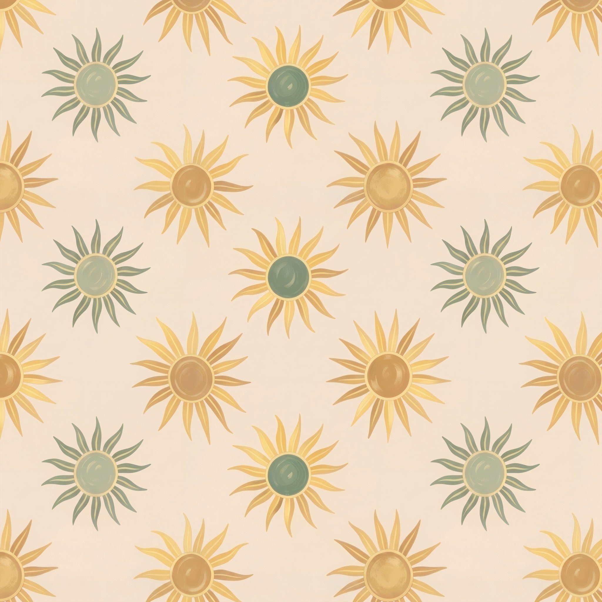 Verano wallpaper with stylized suns in golden yellows and earthy greens on neutral background.