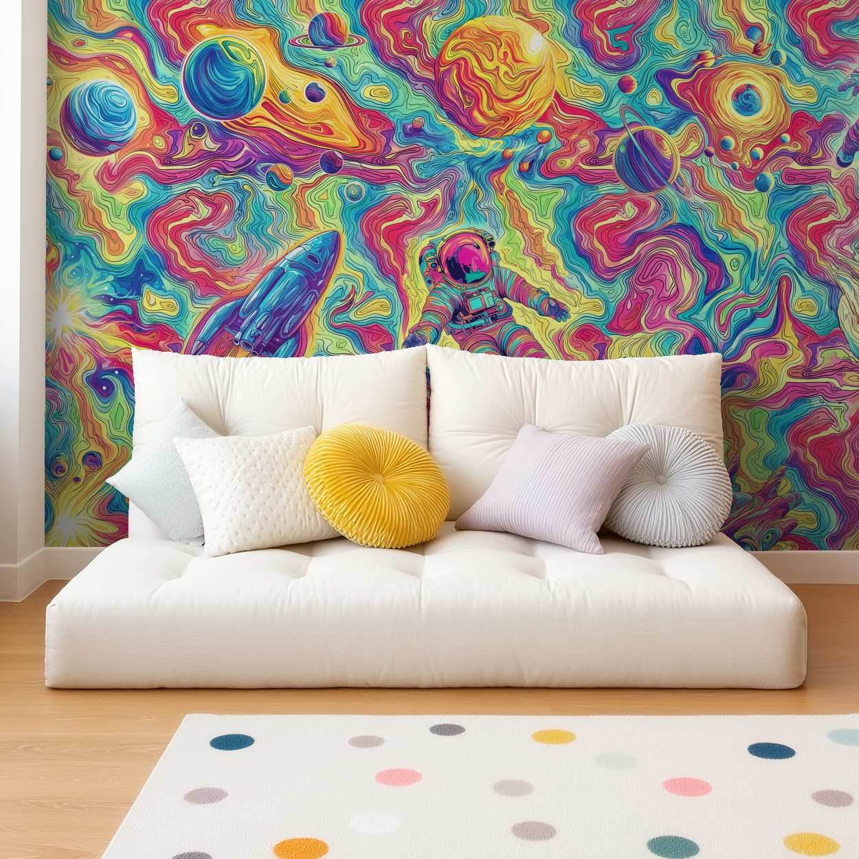 Vibrant cosmic wallpaper with astronauts and galaxies in colorful playroom.