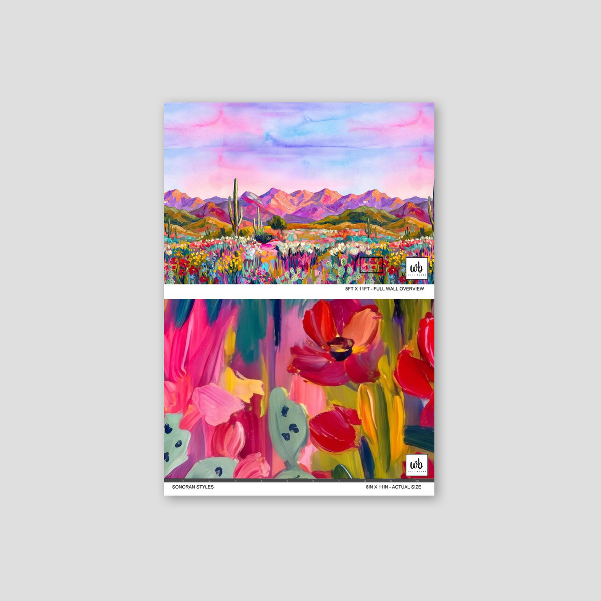 Vibrant desert landscape wallpaper with pink mountains and colorful wildflowers.