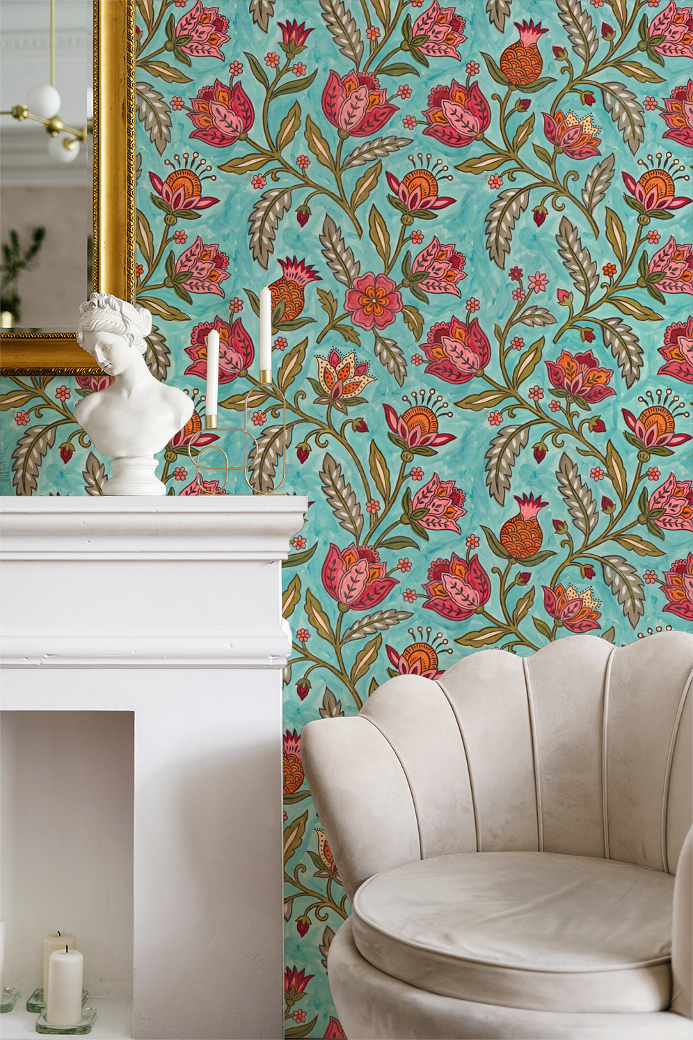 Vibrant floral wallpaper with red and orange motifs on teal in elegant room.