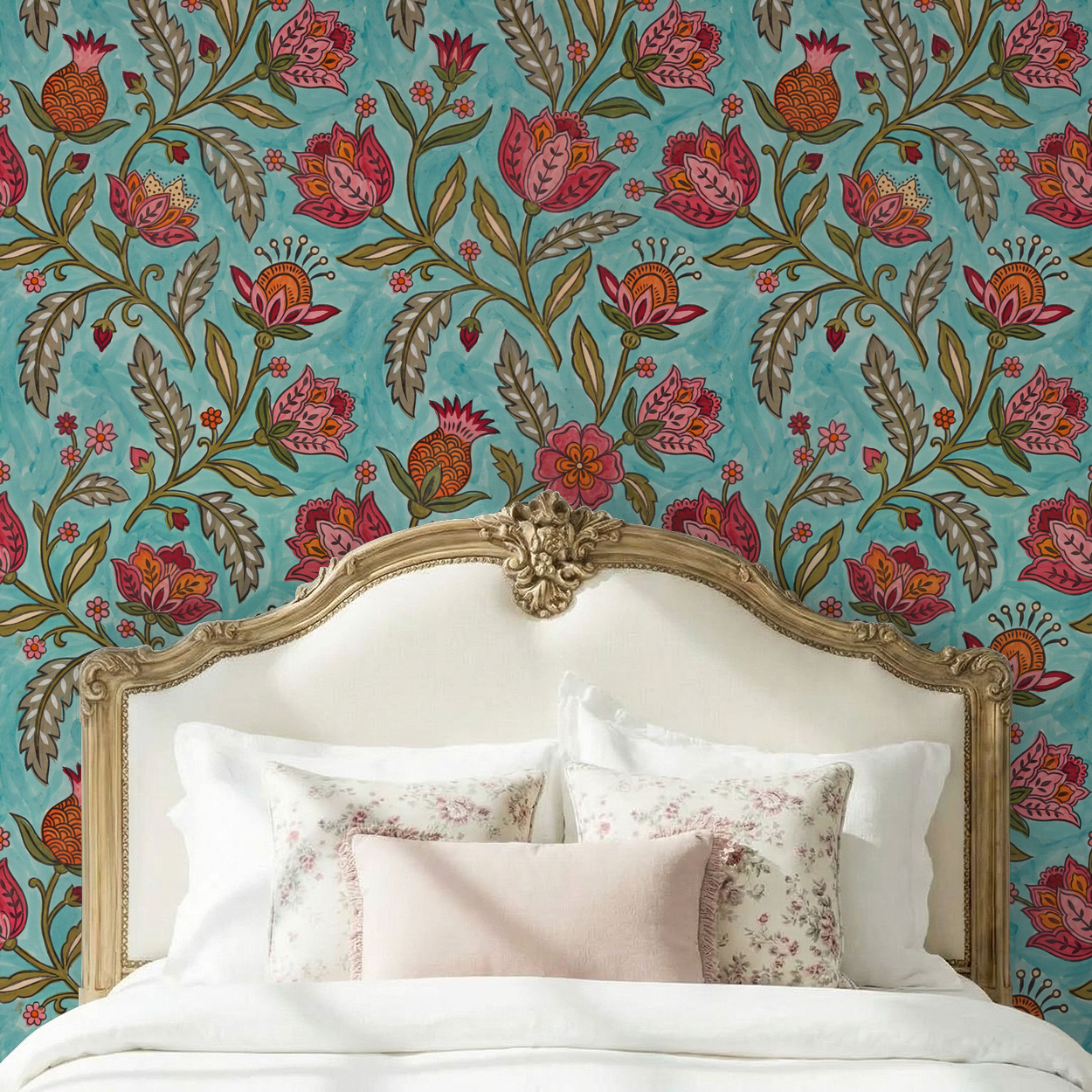 Vibrant floral wallpaper with red and orange flowers on teal in vintage bedroom.