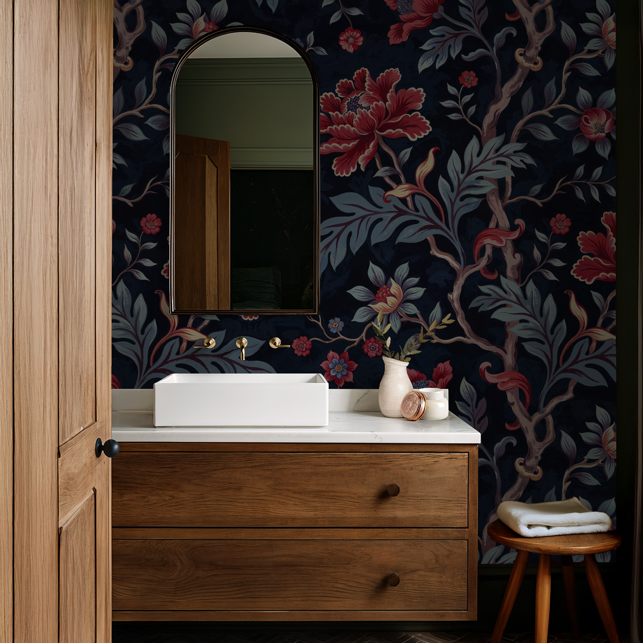 Victoria's Vine wallpaper with floral motifs in a bathroom setting.