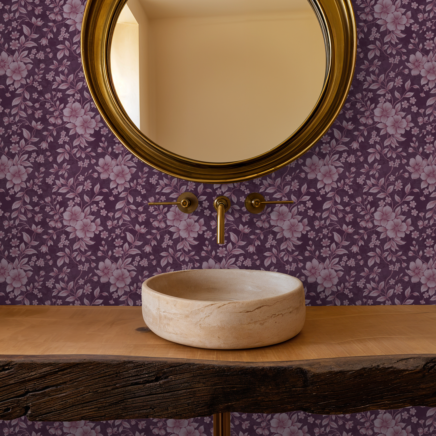 Vienna wallpaper with pink florals on purple in a bathroom with round mirror.