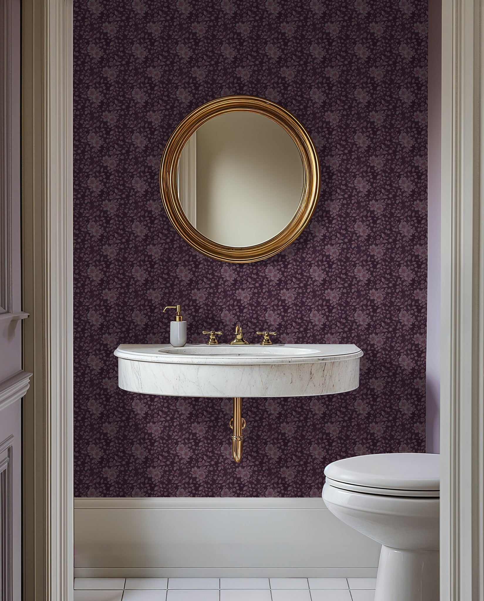 Vienna wallpaper with pink florals on deep purple in elegant bathroom setting.