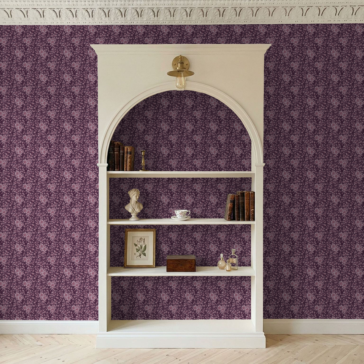 Vienna wallpaper with pink florals on purple in elegant room setting.