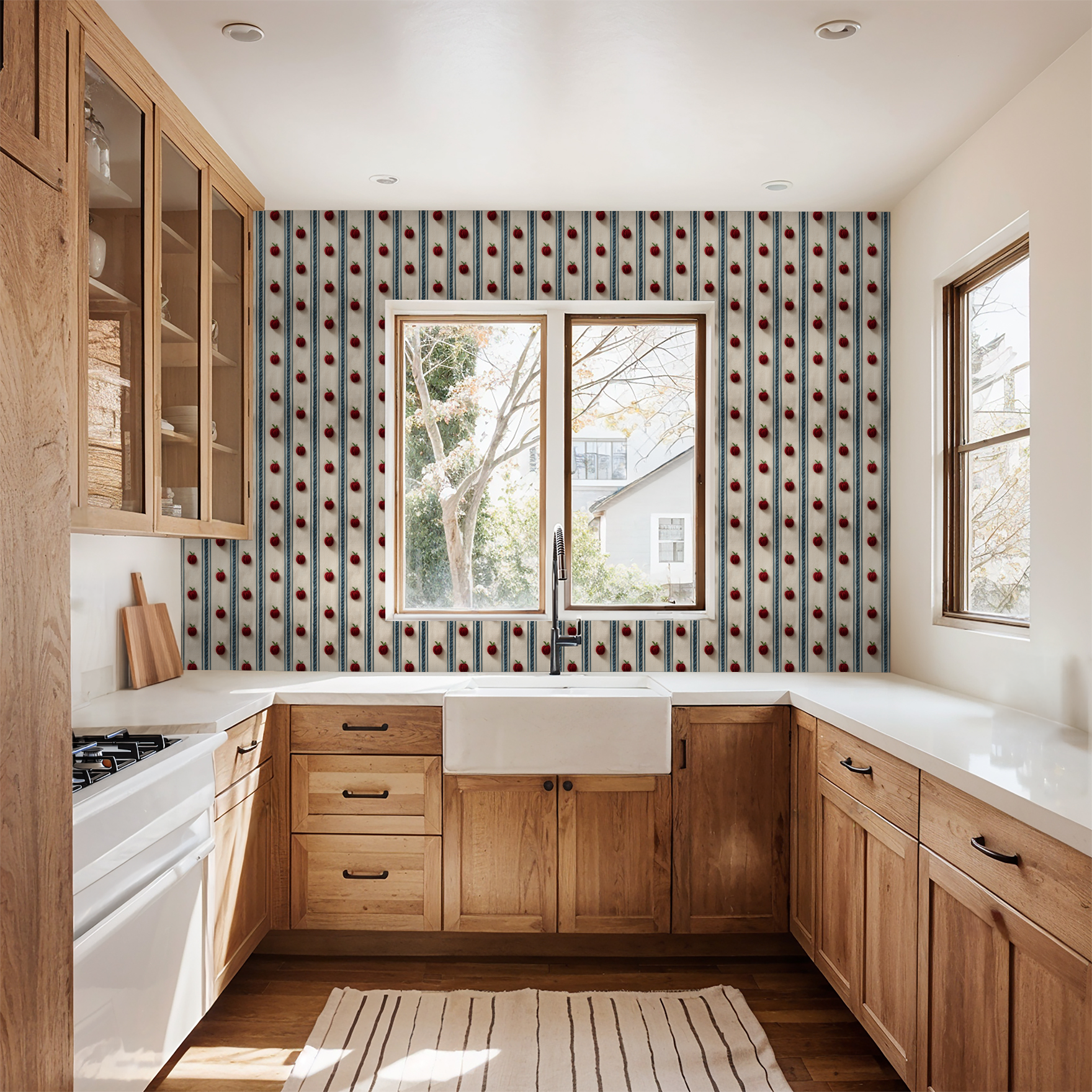 Vintage apple and blue stripe wallpaper in rustic kitchen setting.