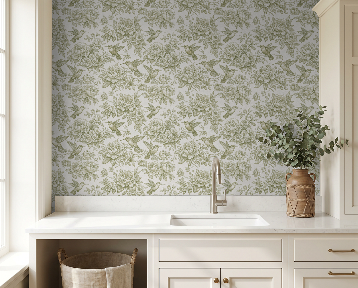 Vintage floral wallpaper with hummingbirds and peonies in a kitchen setting.
