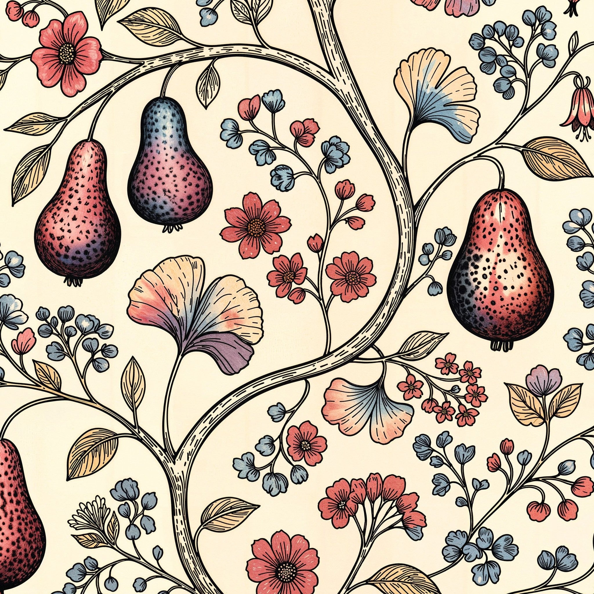 Vintage floral wallpaper with pears, coral and blue flowers on a cream background.