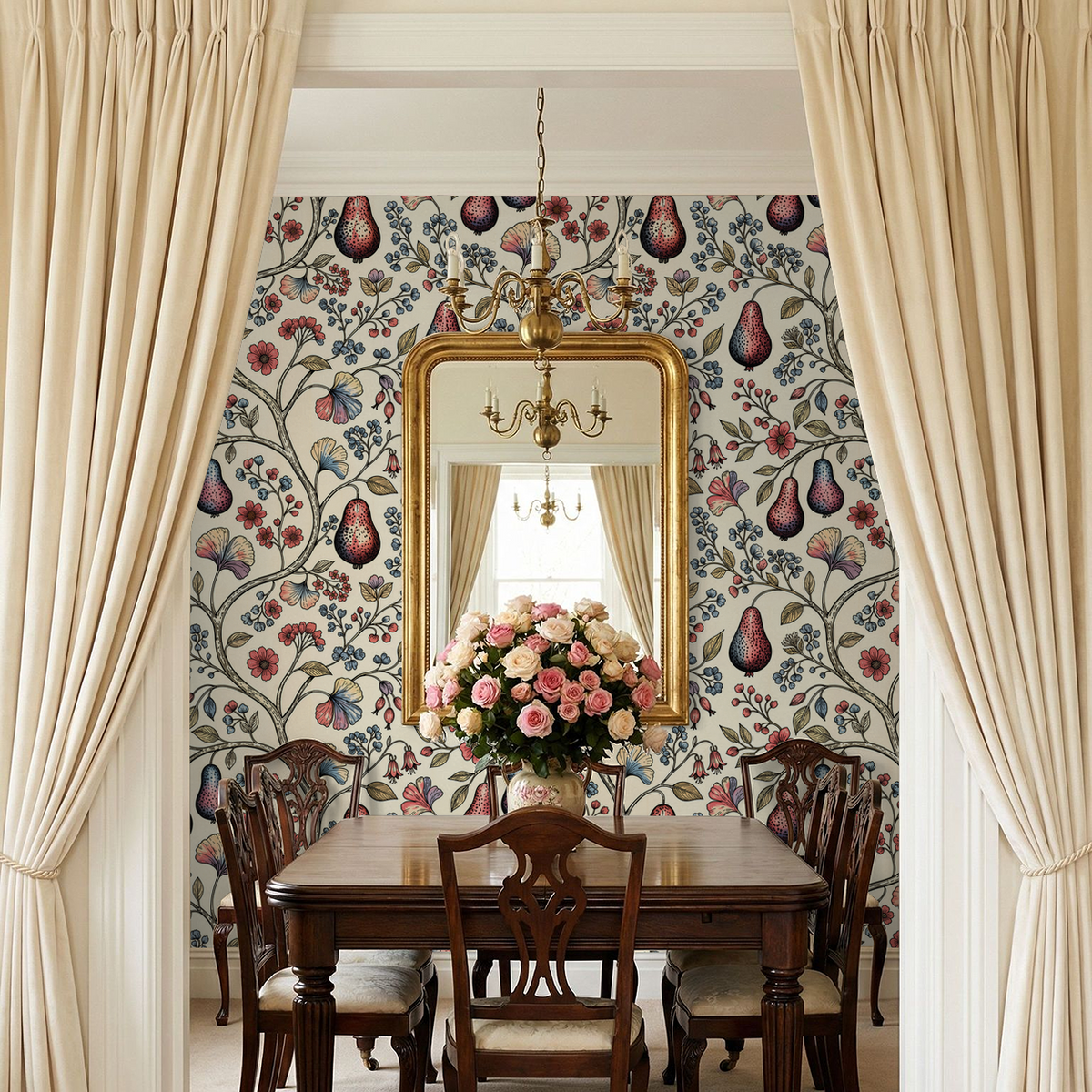 Vintage floral wallpaper with pears and blossoms in elegant dining room.