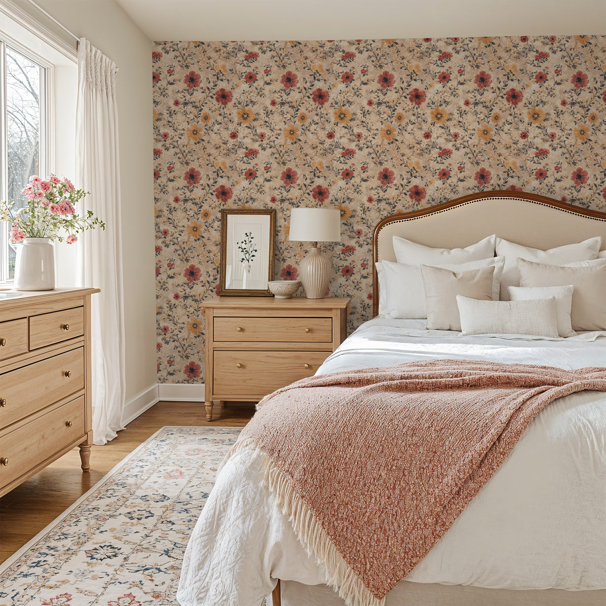 Vintage floral wallpaper with deep red and amber flowers in cozy bedroom setting.