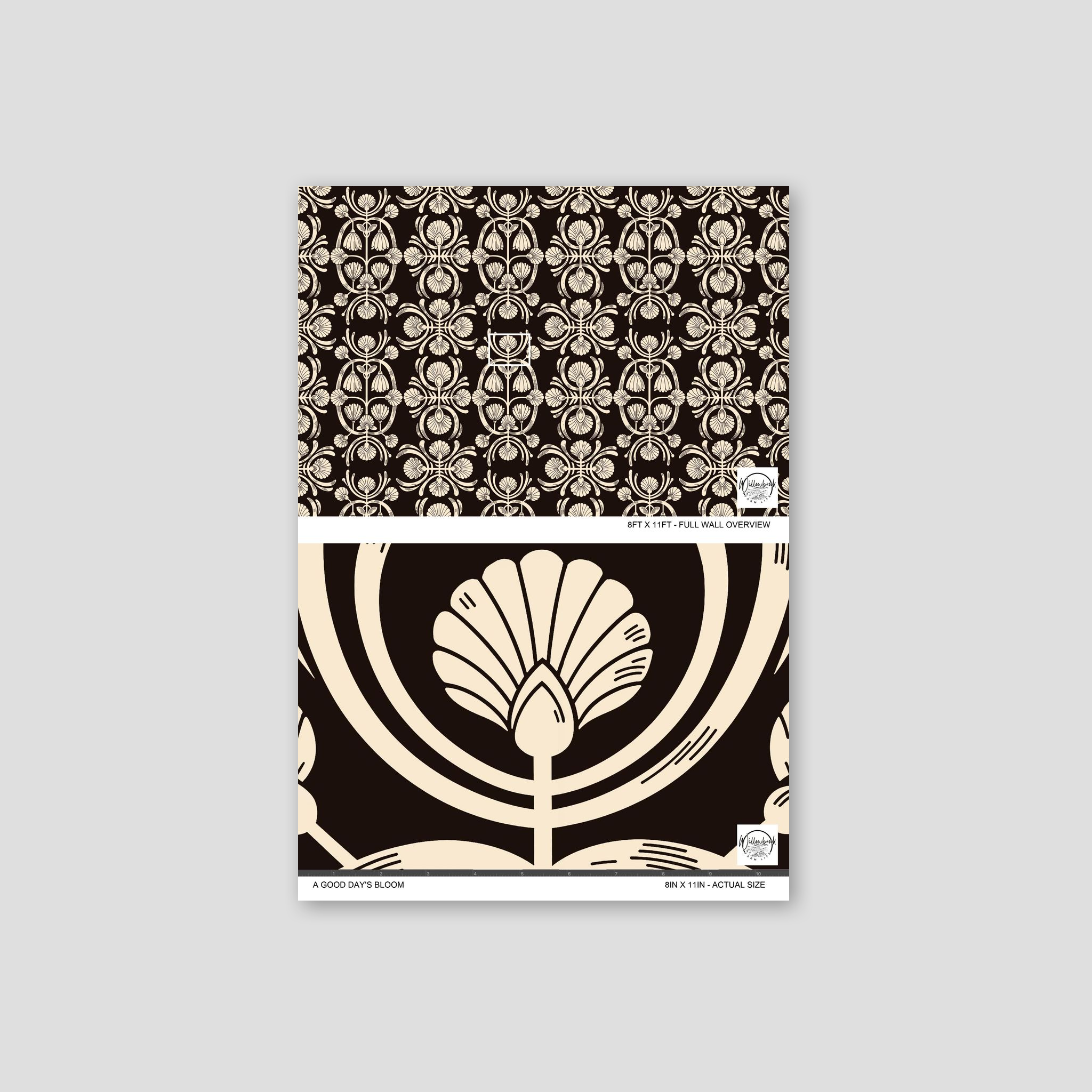 Vintage floral wallpaper with cream blooms on dark background, elegant pattern sample.