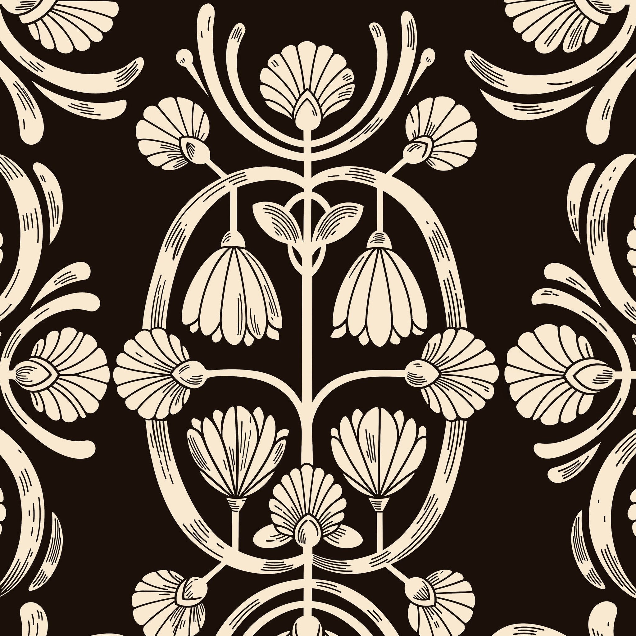 Vintage floral wallpaper with cream blooms on dark background