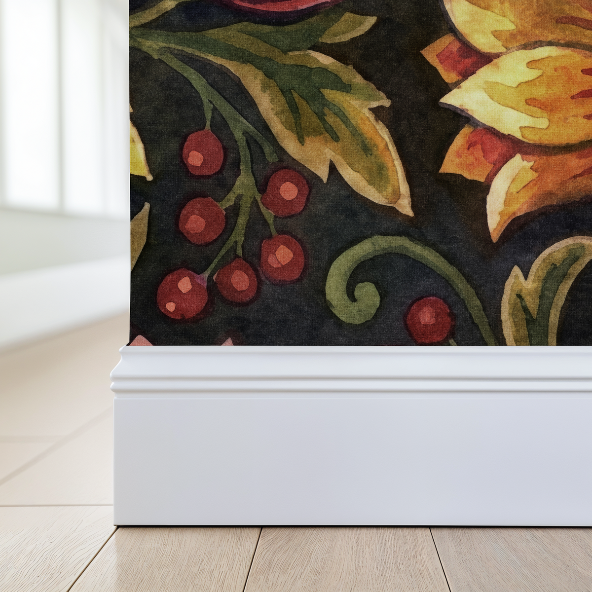 Vintage floral wallpaper with dark background, featuring red berries and green leaves.