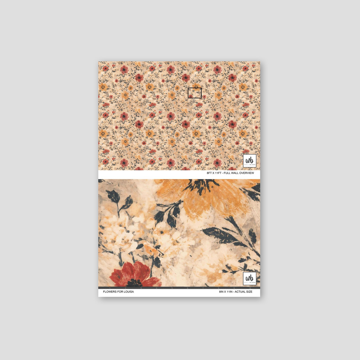 Vintage floral wallpaper with deep red and golden amber blooms on a muted backdrop.