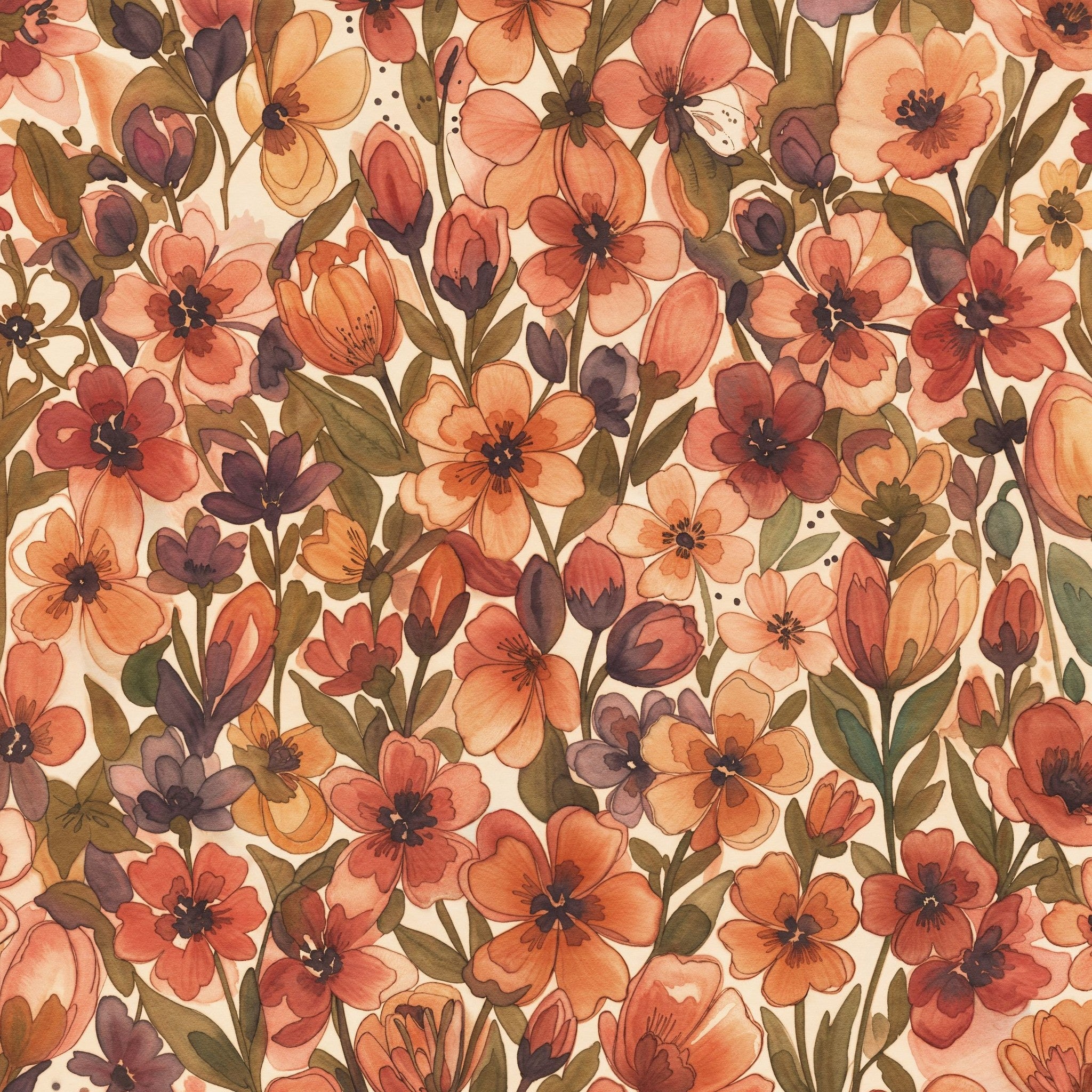 Vintage floral wallpaper with orange and purple blooms on a beige background.