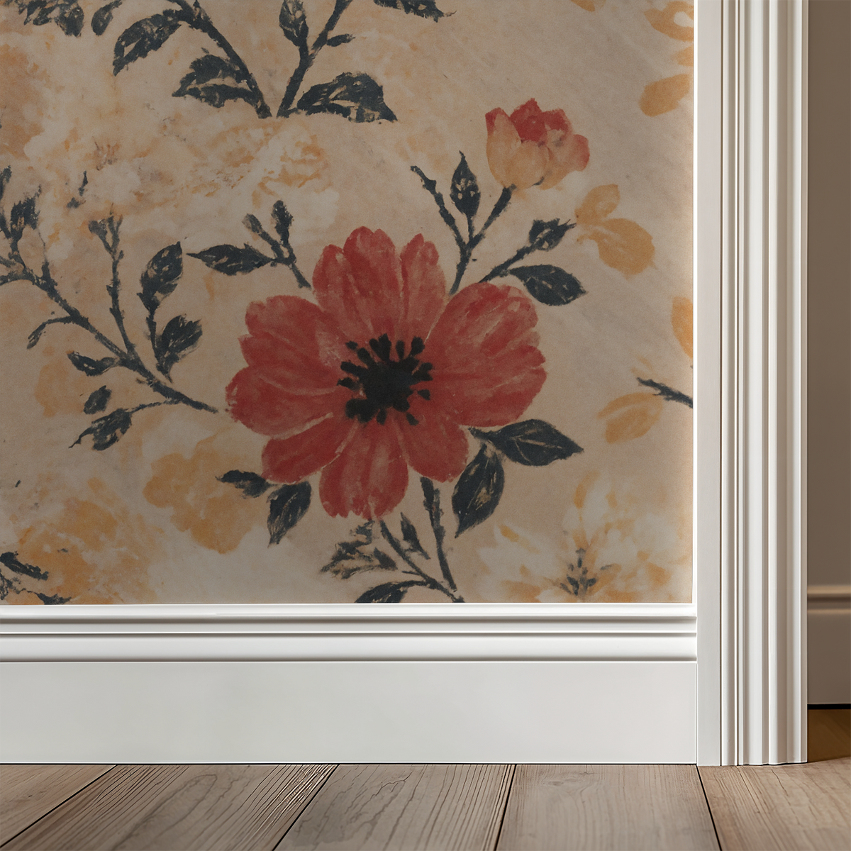 Vintage floral wallpaper with red and amber flowers on muted backdrop.