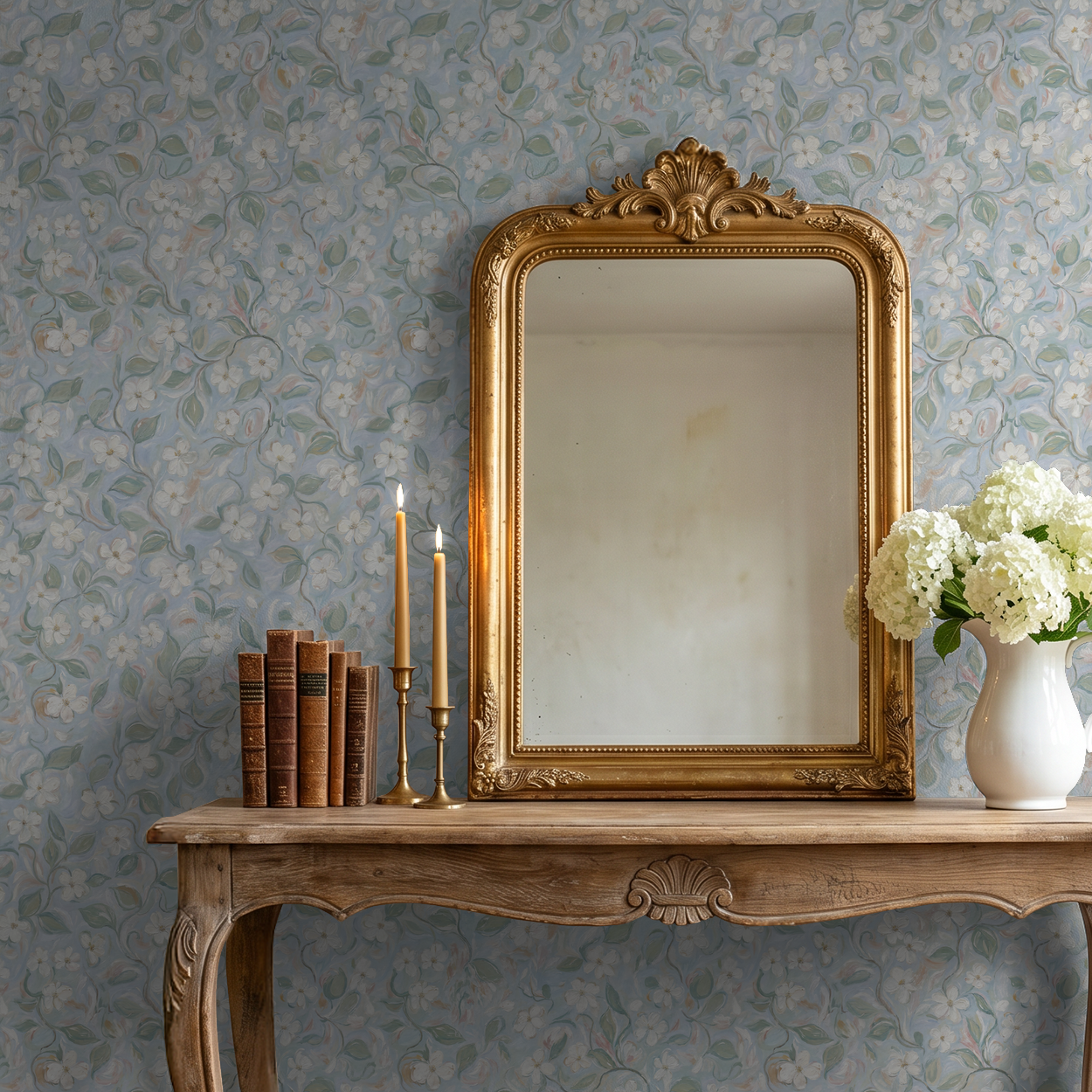 Vintage floral wallpaper with soft blues and greens in elegant room with mirror.