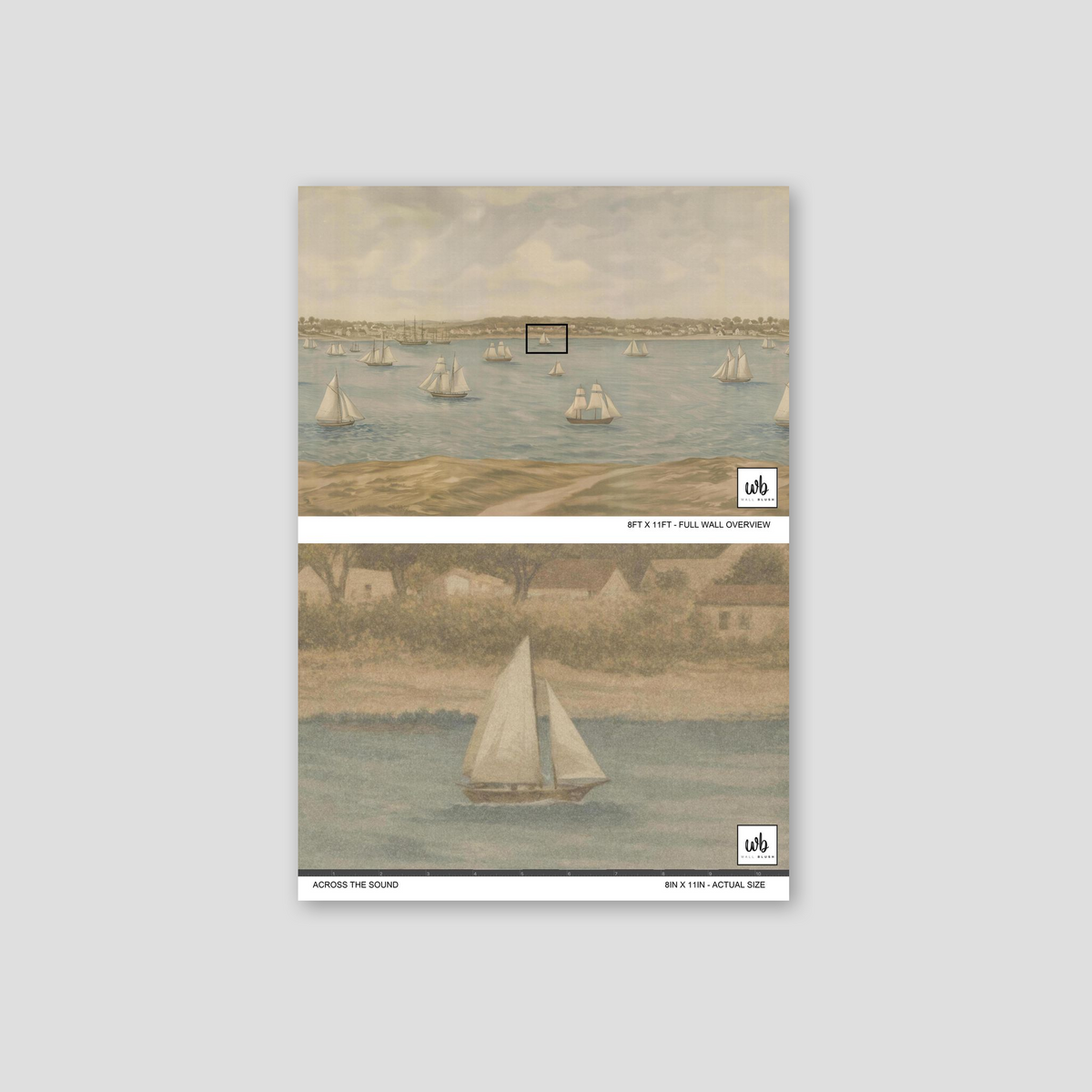 Vintage nautical wallpaper with sailboats on a serene blue sea and muted earth tones.