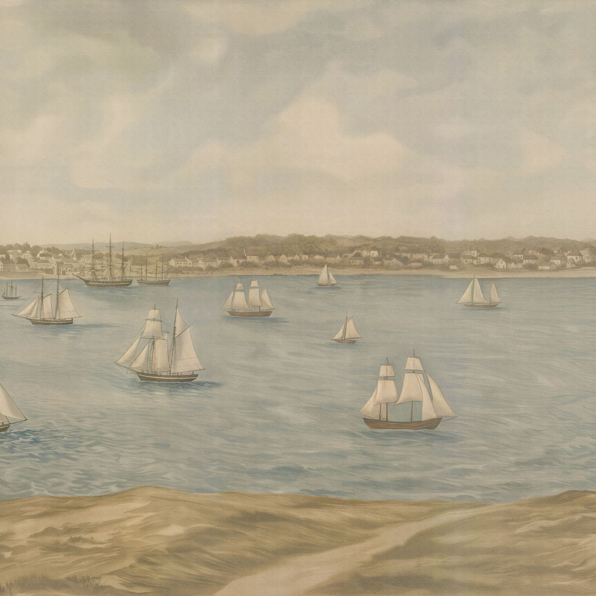 Vintage nautical wallpaper with sailboats on a serene coastal landscape in soft blues and earth tones.