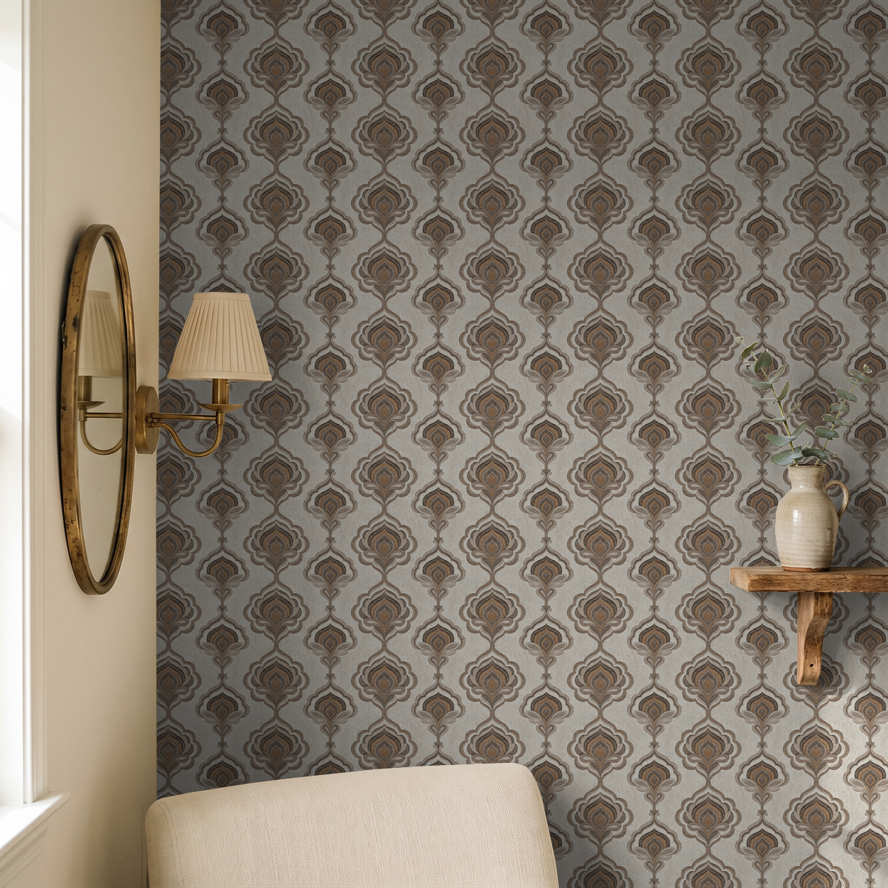 Voss wallpaper with taupe and charcoal ornate pattern in elegant room setting.