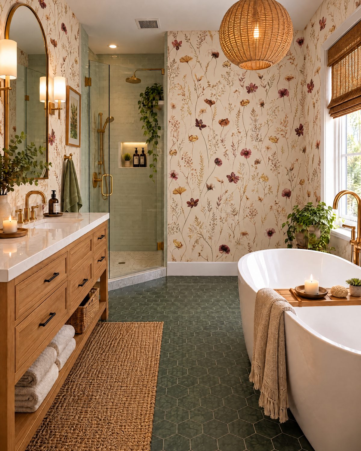 Bathroom with warm wildflower wallpaper, freestanding tub and wood vanity
