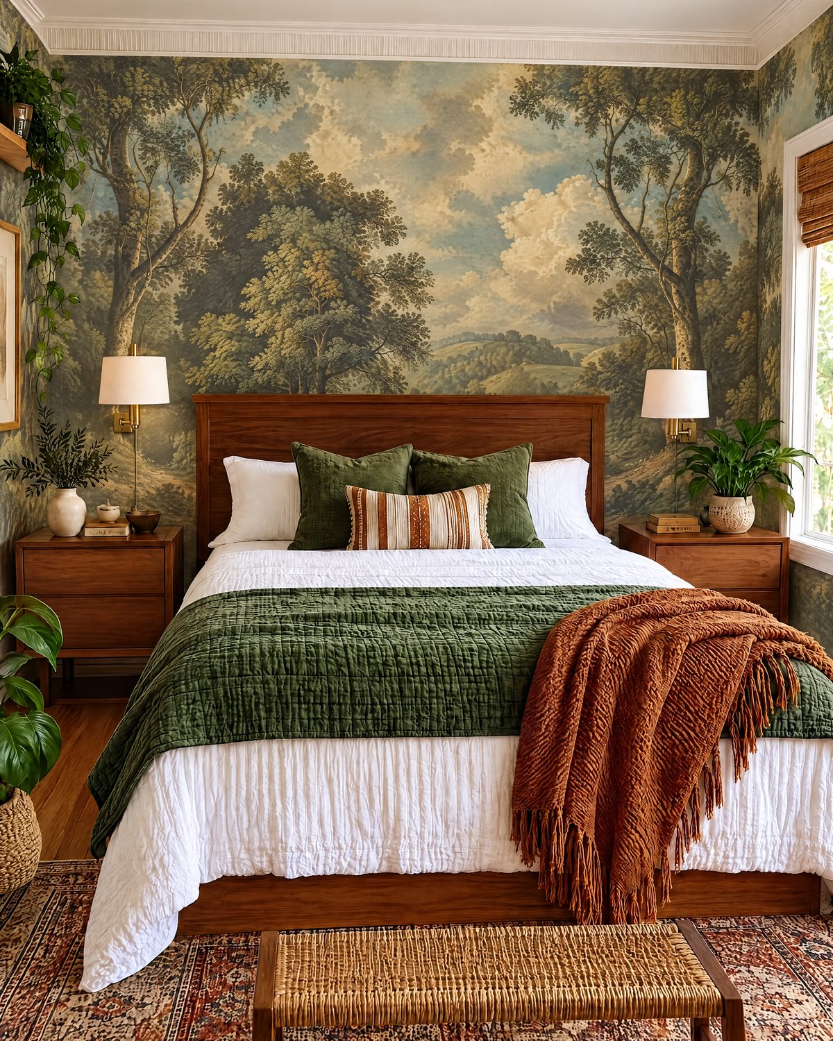 Bedroom with vintage forest landscape mural wallpaper behind a walnut bed