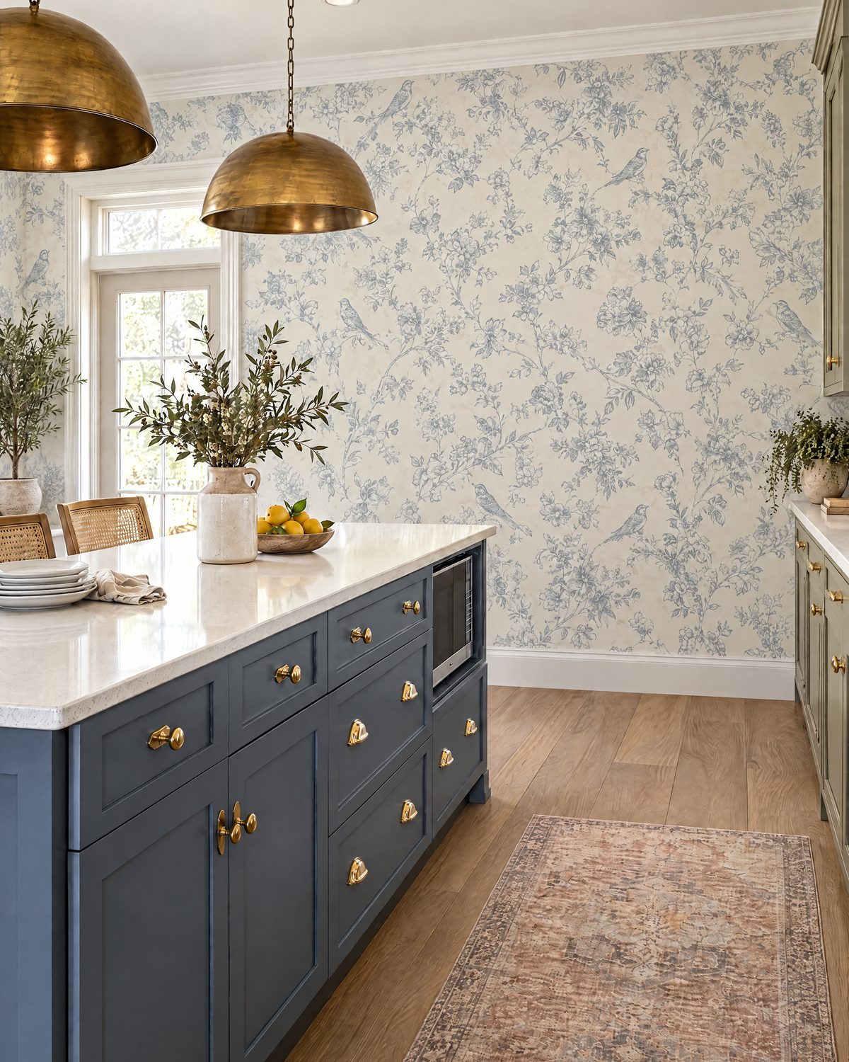 Kitchen with blue bird and floral toile wallpaper and navy island