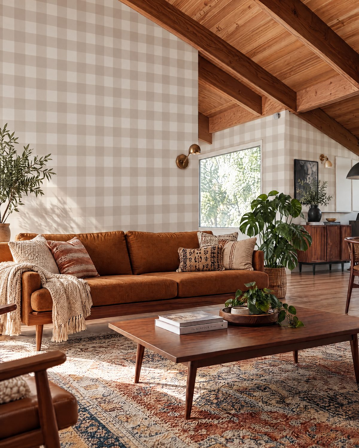 Living room with neutral gingham wallpaper, vaulted wood ceiling and rust sofa