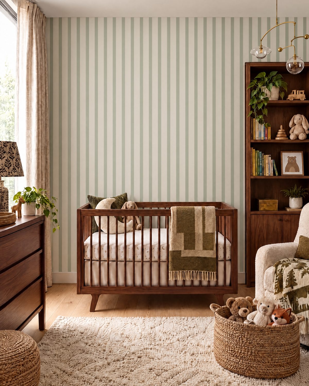 Nursery with sage and cream stripe wallpaper and walnut crib