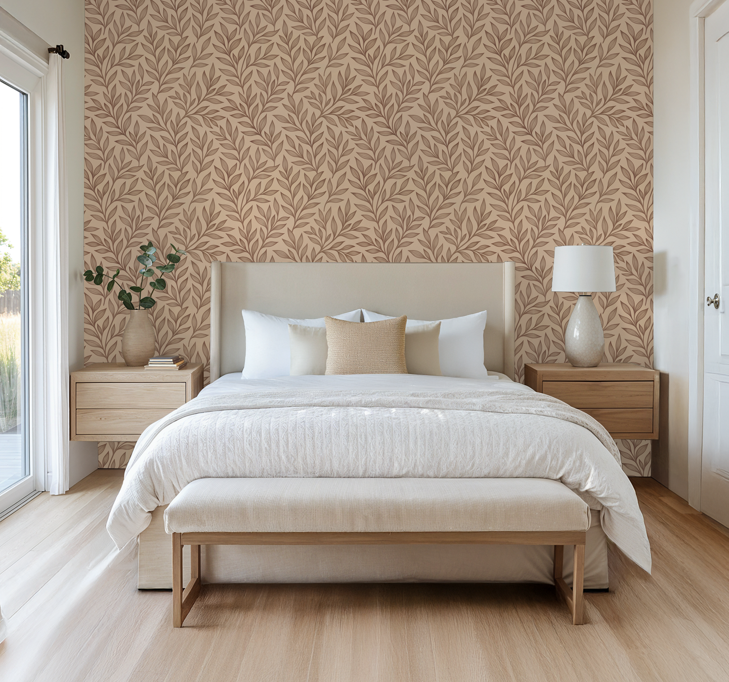 Warm brown vine wallpaper in serene bedroom with beige decor.