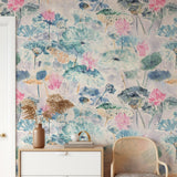Delilah Wallpaper by Wall Blush SG02 featured in modern bedroom, floral pattern focus with stylish furniture accents.
