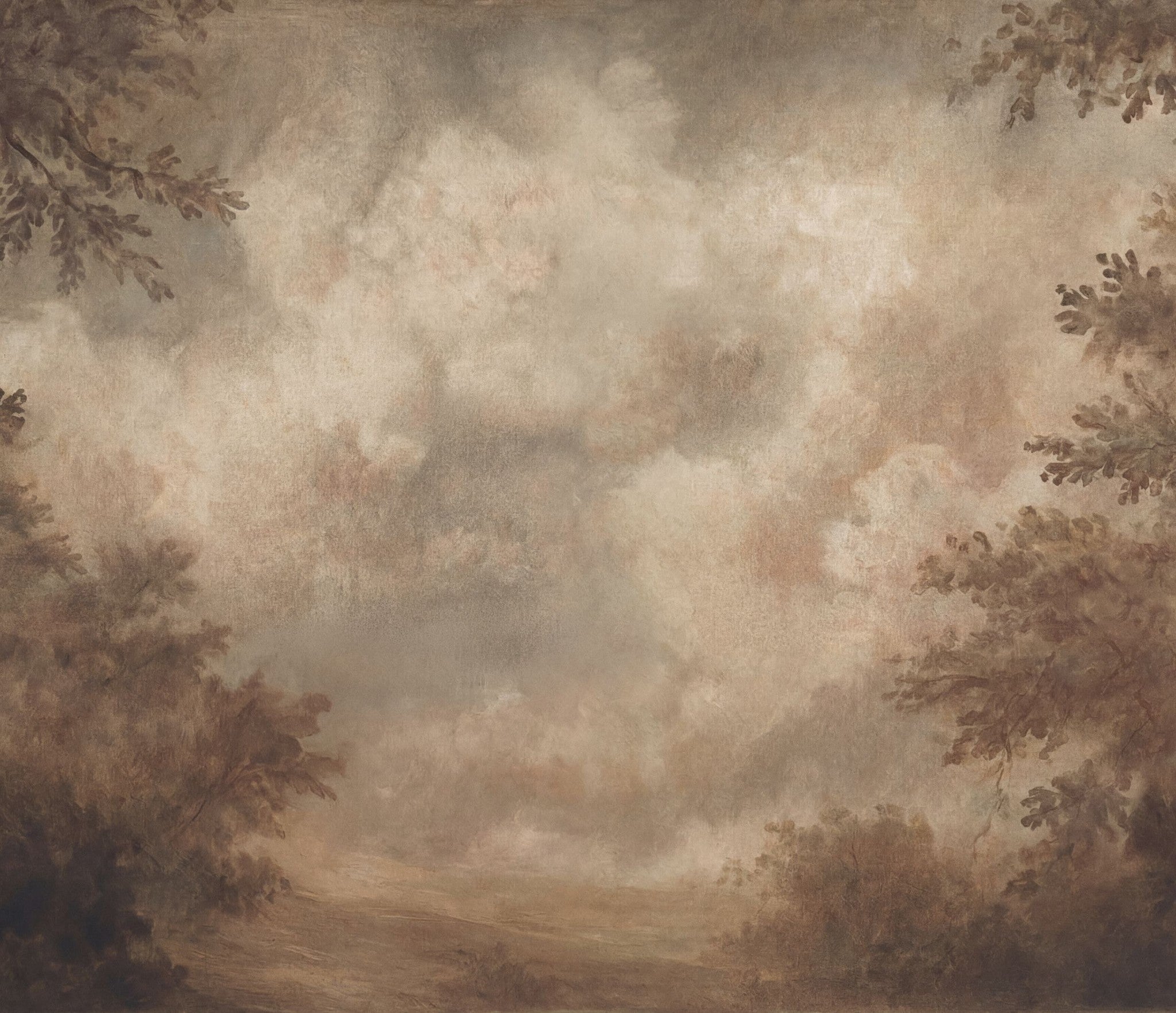 Weathered Sky maroon wallpaper with soft clouds and branches in sepia tones.