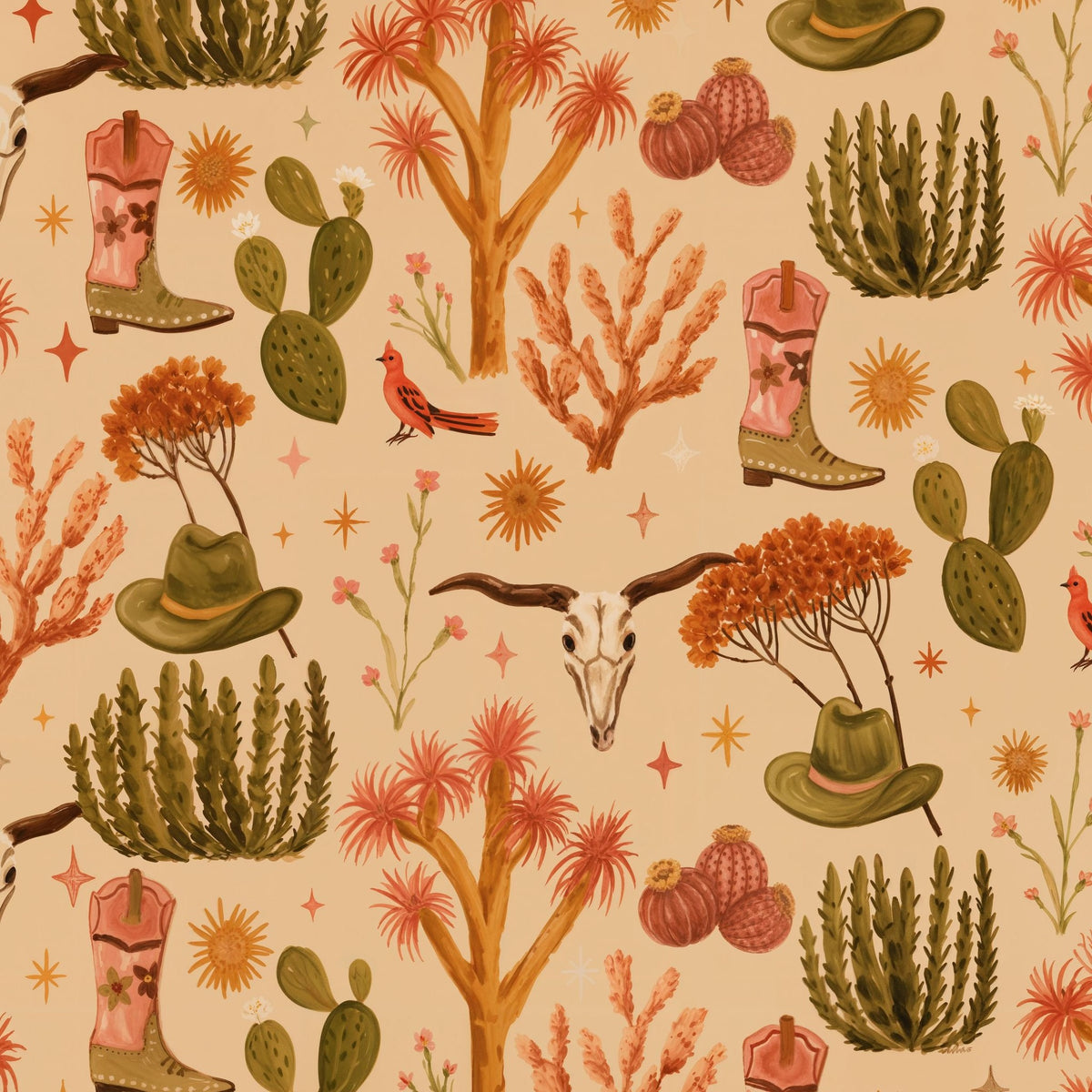 Western Good Life wallpaper with cacti, cowboy boots, skulls in terracotta and sage tones.