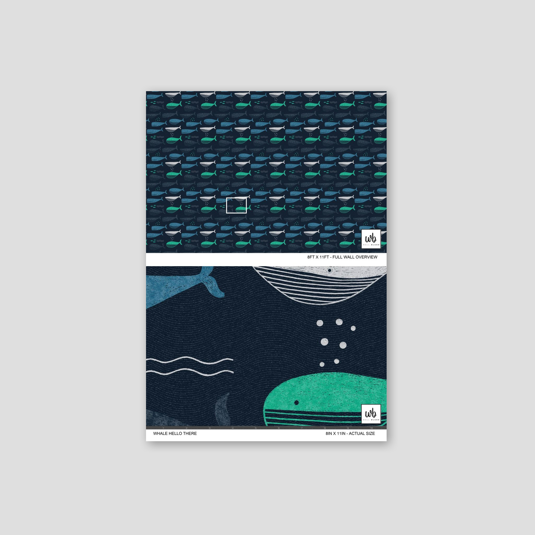 Whale pattern wallpaper with teal and navy tones, nautical theme.