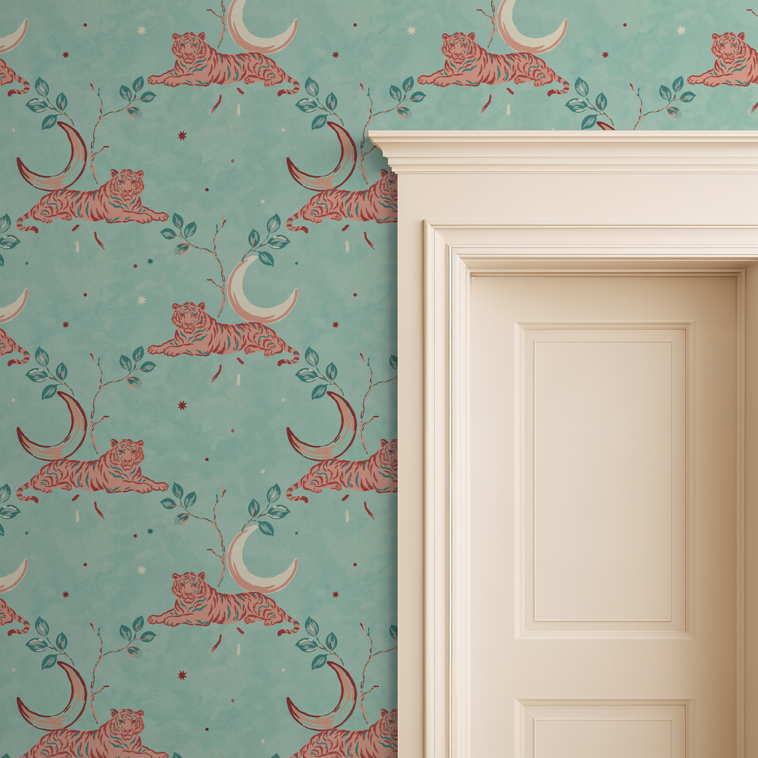 Whimsical aqua wallpaper with tigers, crescent moons, and foliage in a room setting.