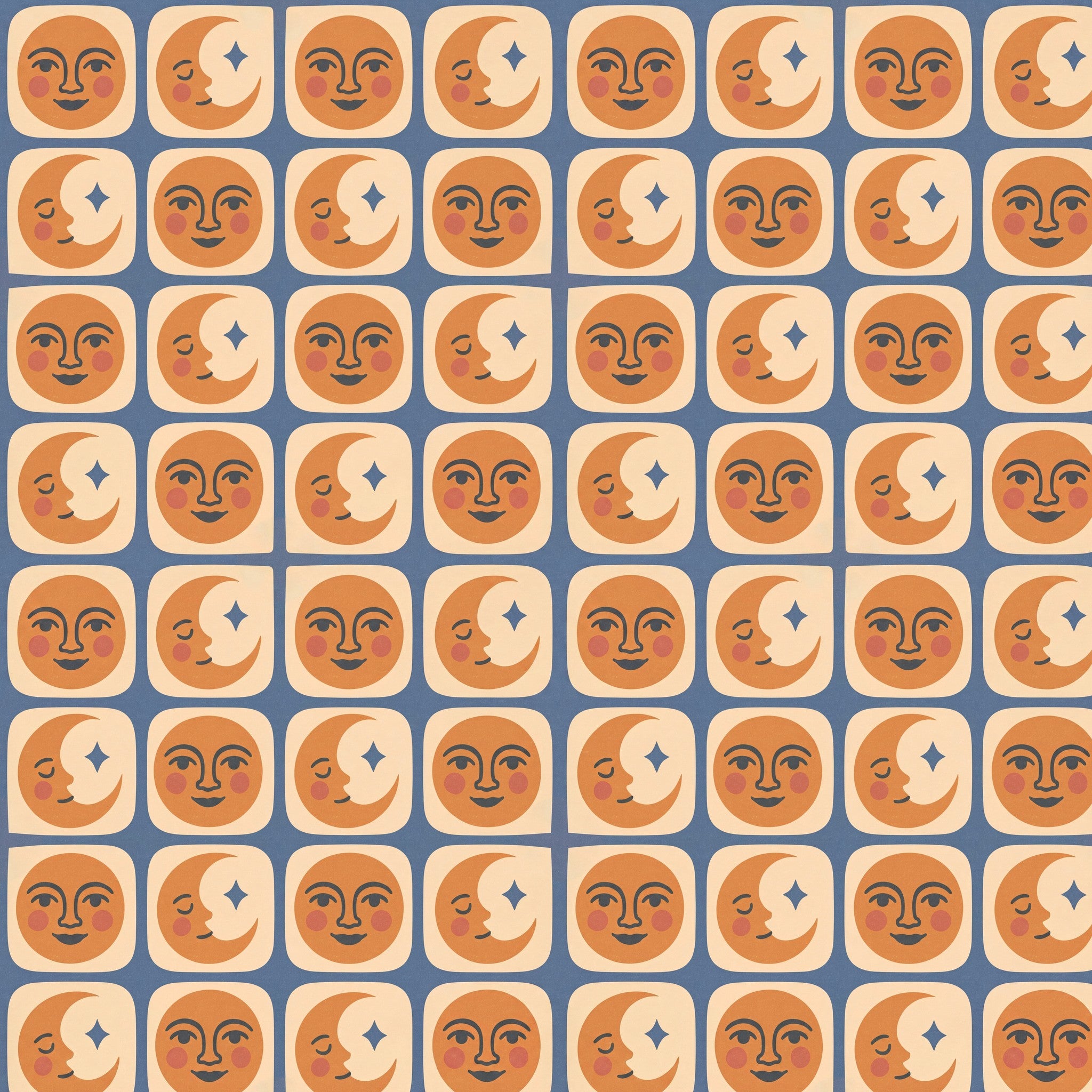 Whimsical celestial faces and moons on terracotta and cream wallpaper.