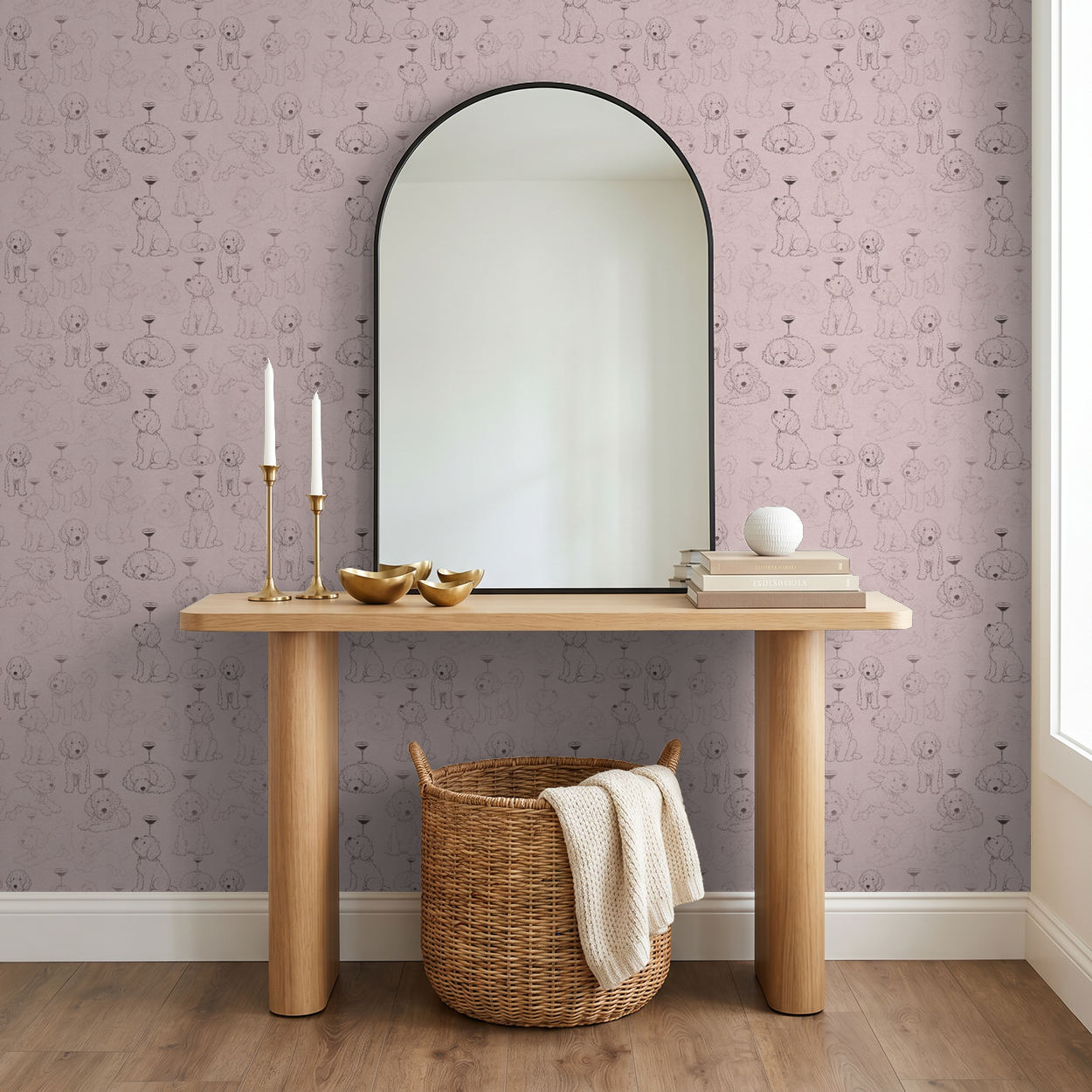 Whimsical dog wallpaper with coupe glasses on soft pink in modern entryway.