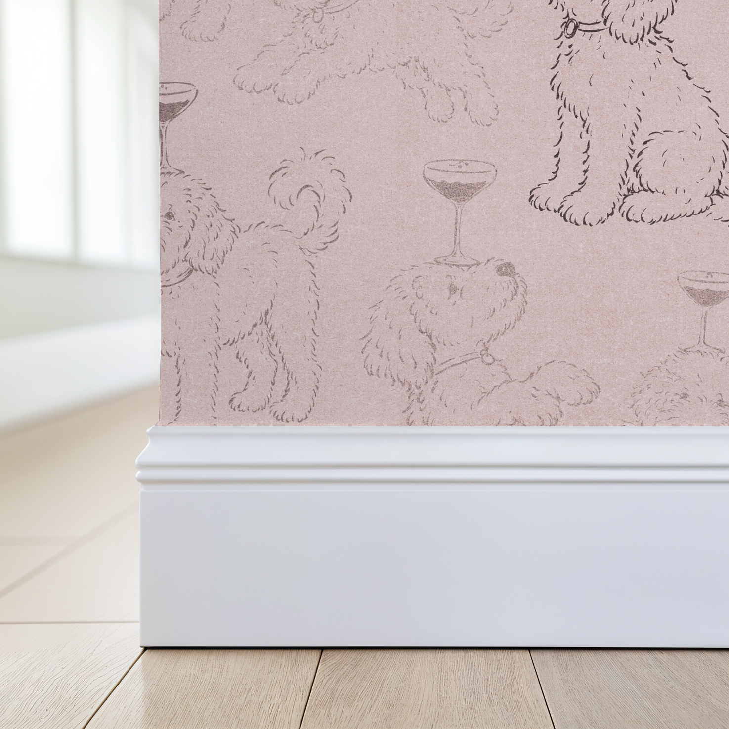 Whimsical dog wallpaper with coupe glasses on soft pink background in a room setting.
